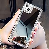Cavdycidy Designer for iPhone 14 Plus Mirror Case for Women with Bling Rhinestone, Stick on Mirror for Phone Case,Luxury Shiny Crystal Protective Cover for Outdoor Makeup for Girl(Glitter Diamond)