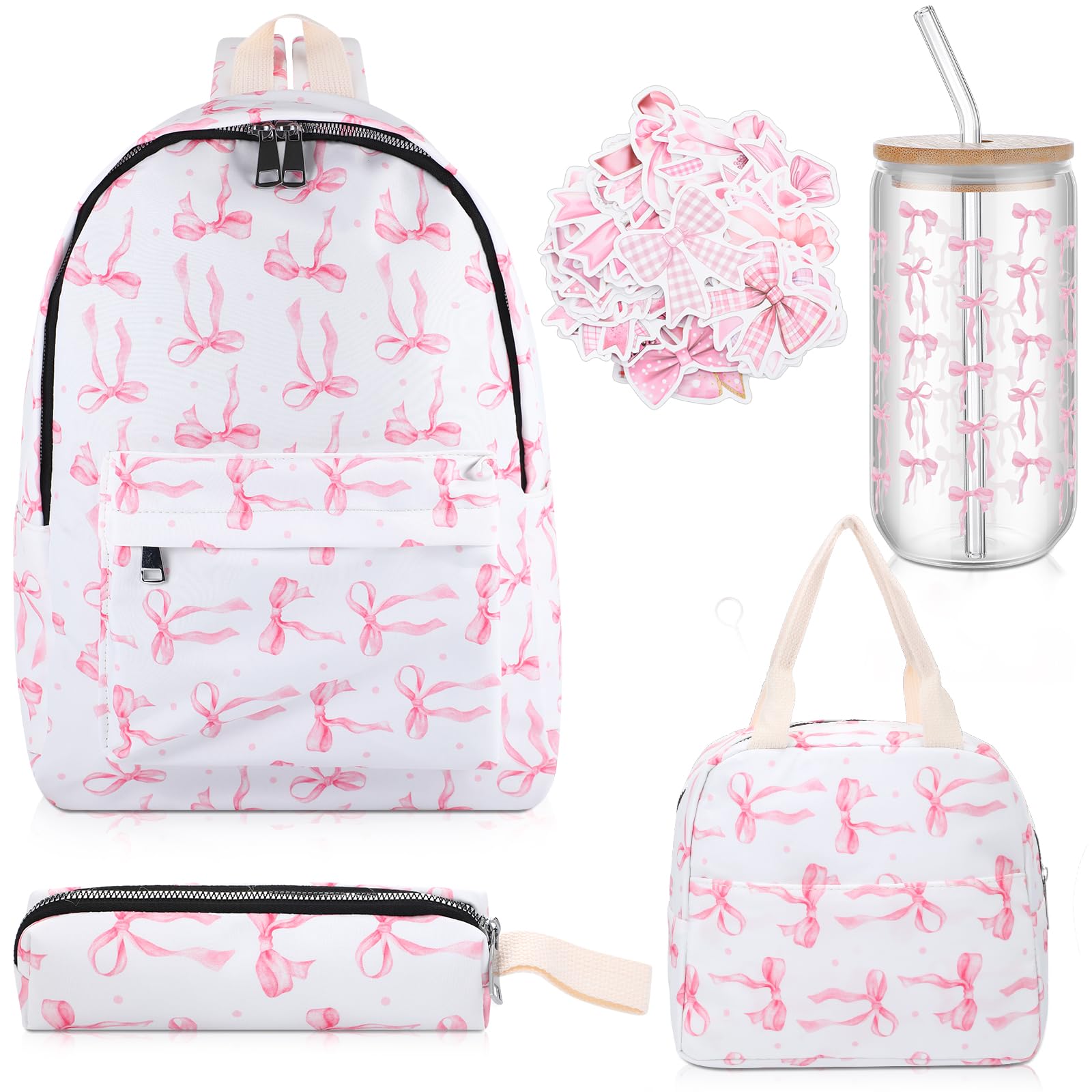 Photo 1 of Huhumy 5 Pcs Pink Bow Backpack Set Preppy Bookbag Coquette Foldable Lunch Bag Cute Water Cup Pencil Case and Paper Stickers for Girls School