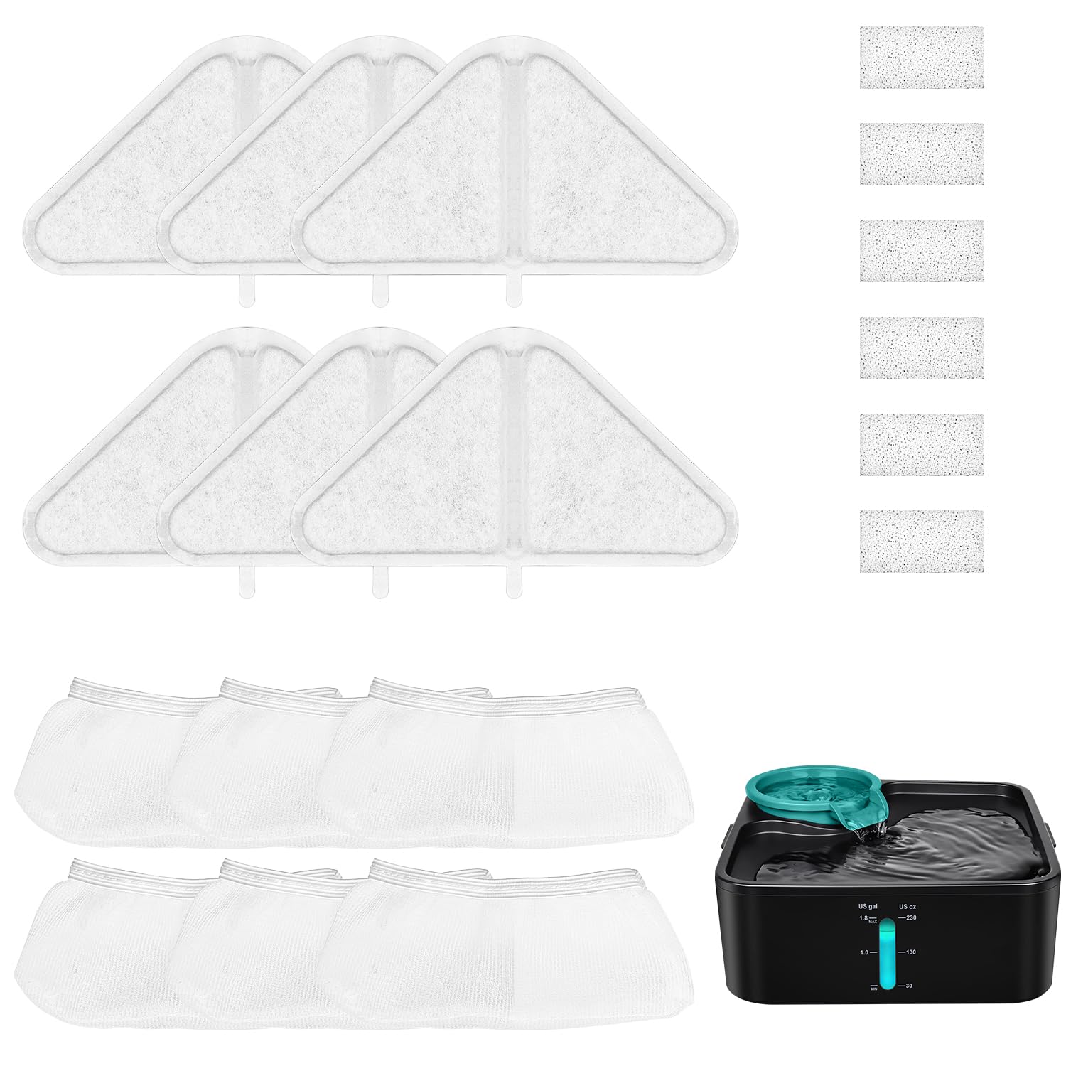 6 Packs Pet Water Fountain Filters for Kastty 230oz Water Fountain, Triangular Dog Fountain Filter Replacement Foam for 5 Layers Filtration System, including Filter, Sponges, Mesh Bags