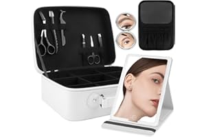 WangSelect Travel Makeup Bag with Light-up Mirror Portable Cosmetic Organizer Train Case with Adjustable Dividers & Brushes Holder &1X/10X Magnifying Compact Mirror & Eyebrow Trimmer - White