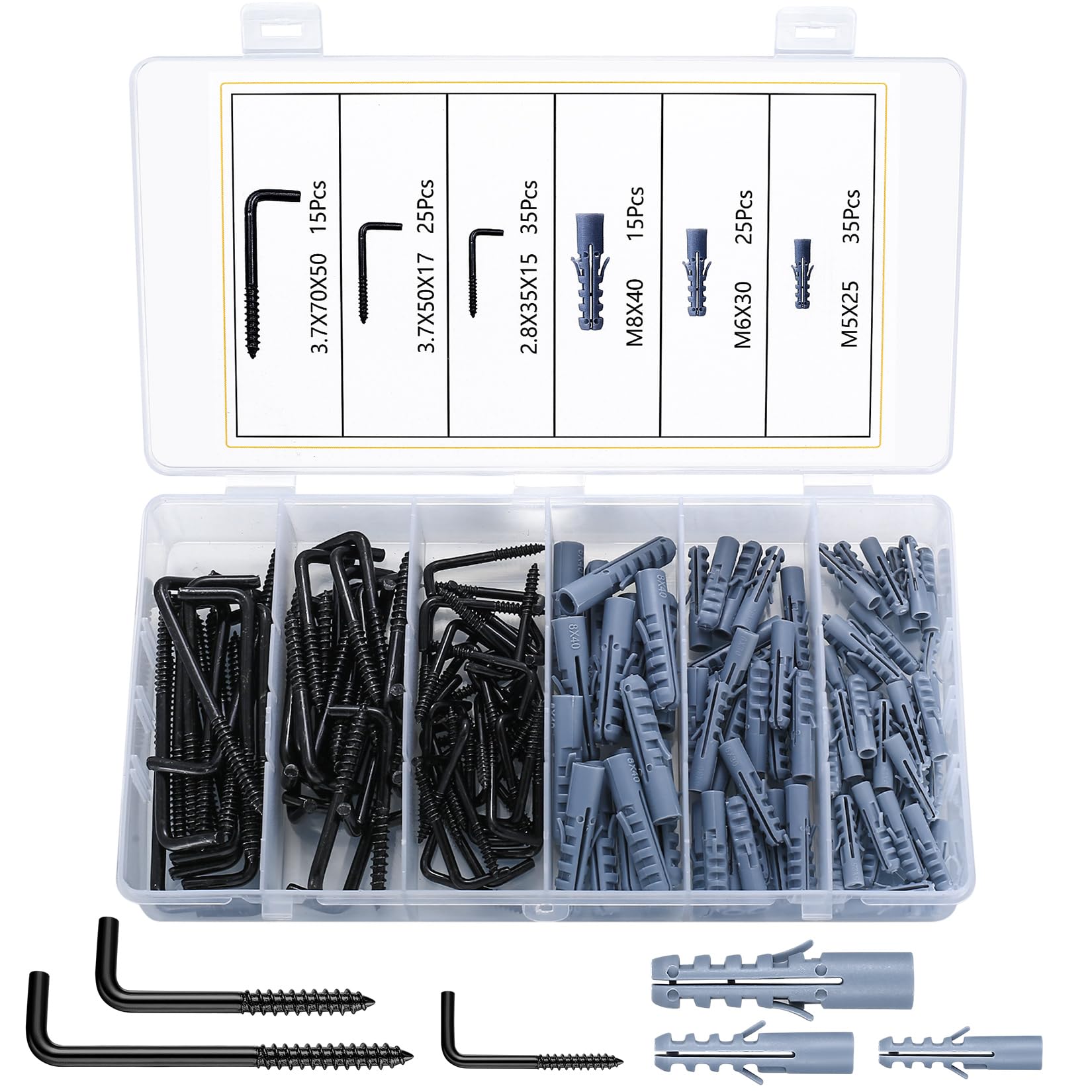 150 Black Ceiling Hooks - Screw-in, L-Shaped, Right-Angle, Square Dresser Hooks for Hanging Plants, Keys, Cups, Lights (75 Hooks, 75 Anchors)