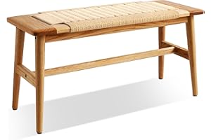 Grewood Wood Dining Bench,100% Natural Solid Oak Bed Bench with Rattan Design, Rounded Edge, Bench for Entryway Hall, Dining Room,Bedroom, Living Room (Beige Color, 31.49 inch)