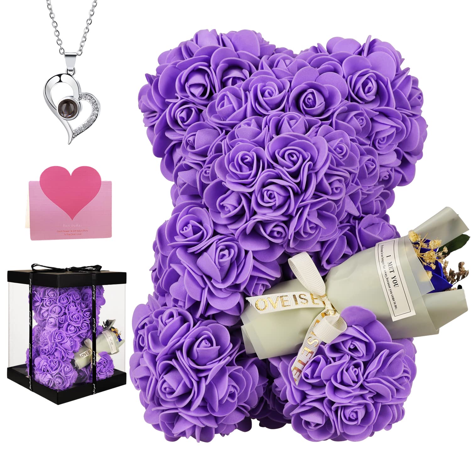 POHOMEGK Mothers Day Mum Gifts Rose Bear Rose Teddy Bear With Rose Bouquet and Necklace,Flower Bear Anniversary Birthday Gifts for Wife//Mum Daughter (Purple)