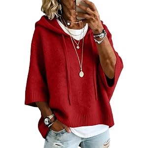 Women Pullover Sweaters 3/4 Sleeve Side Slit Ribbed Knitted Hooded Sweaters Trendy Drawstring Batwing Sleeve Hoodies