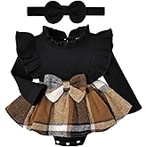 DOMOABEI Baby Girl Clothes Cute Plaid Romper Dress Ruffle Long Sleeve One-piece Jumpsuit Bodysuit with Bow Headband