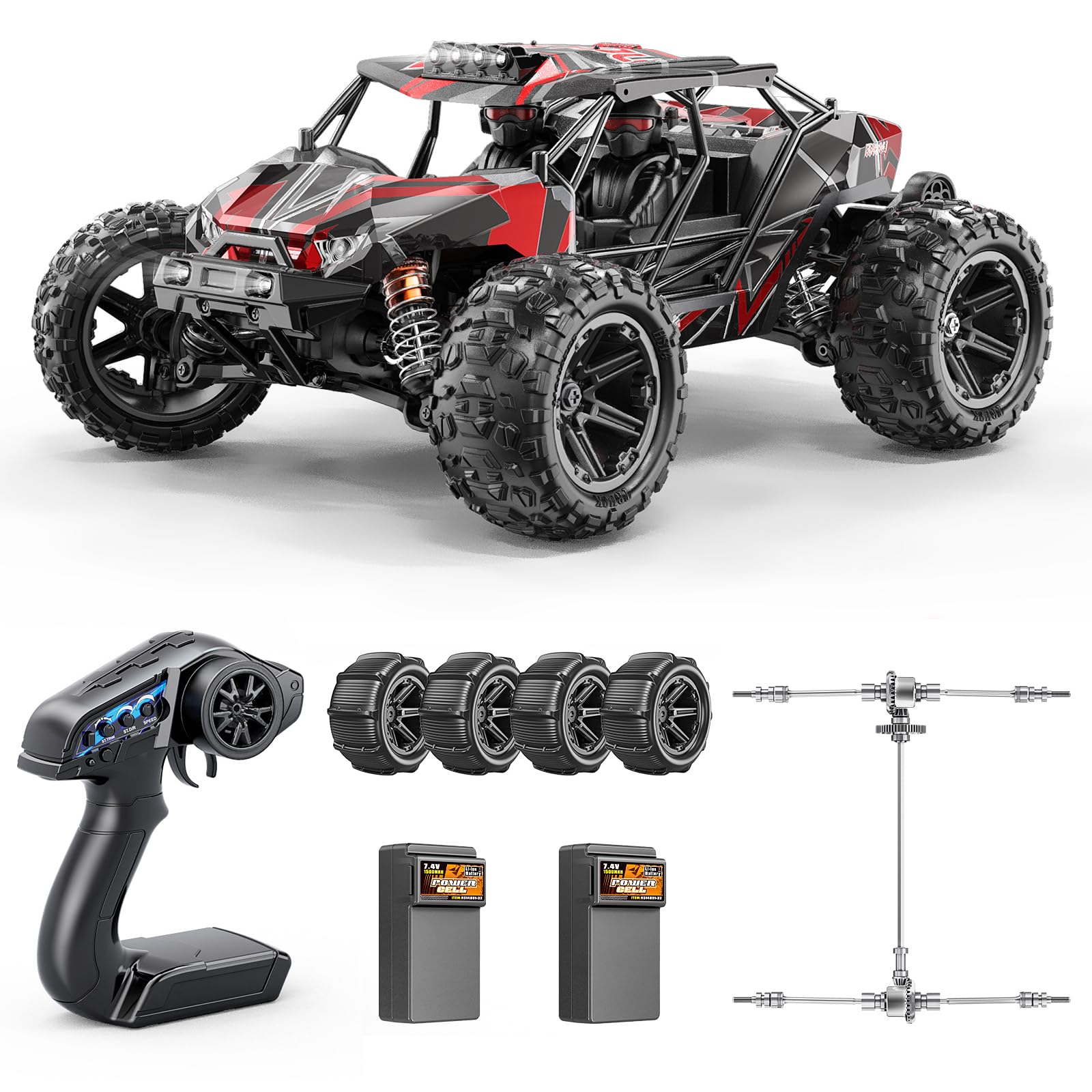 Brushless RC Cars for Adults, 1:14 Scale 4WD Off-Road Truck, 42mph High-Speed Remote Control Car with Dual 2S LiPo Batteries & Roll-Cage Frame