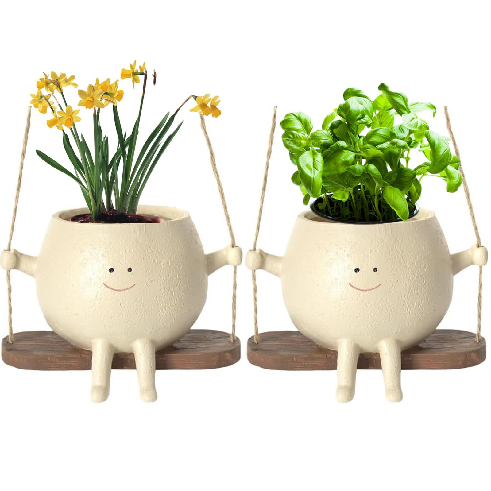 e-YiHESZ Swing Face Planter Pot Hanging Resin Flower Head Planters for Indoor Outdoor Plants Succulent Pots for String of Pearls Plant Live Gift Ideals for Mother, Christmas (2 PCS Type2) — image 1