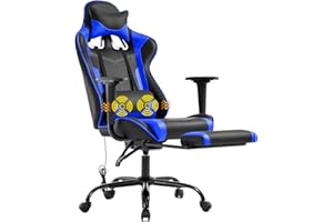 BESTOFFICE Gaming Chair Office Chair Desk Chair Massage PU Leather Recliner Racing Chair with Headrest Armrest Footrest Rolling Swivel Task PC Ergonomic Computer Chair for Back Support, Blue