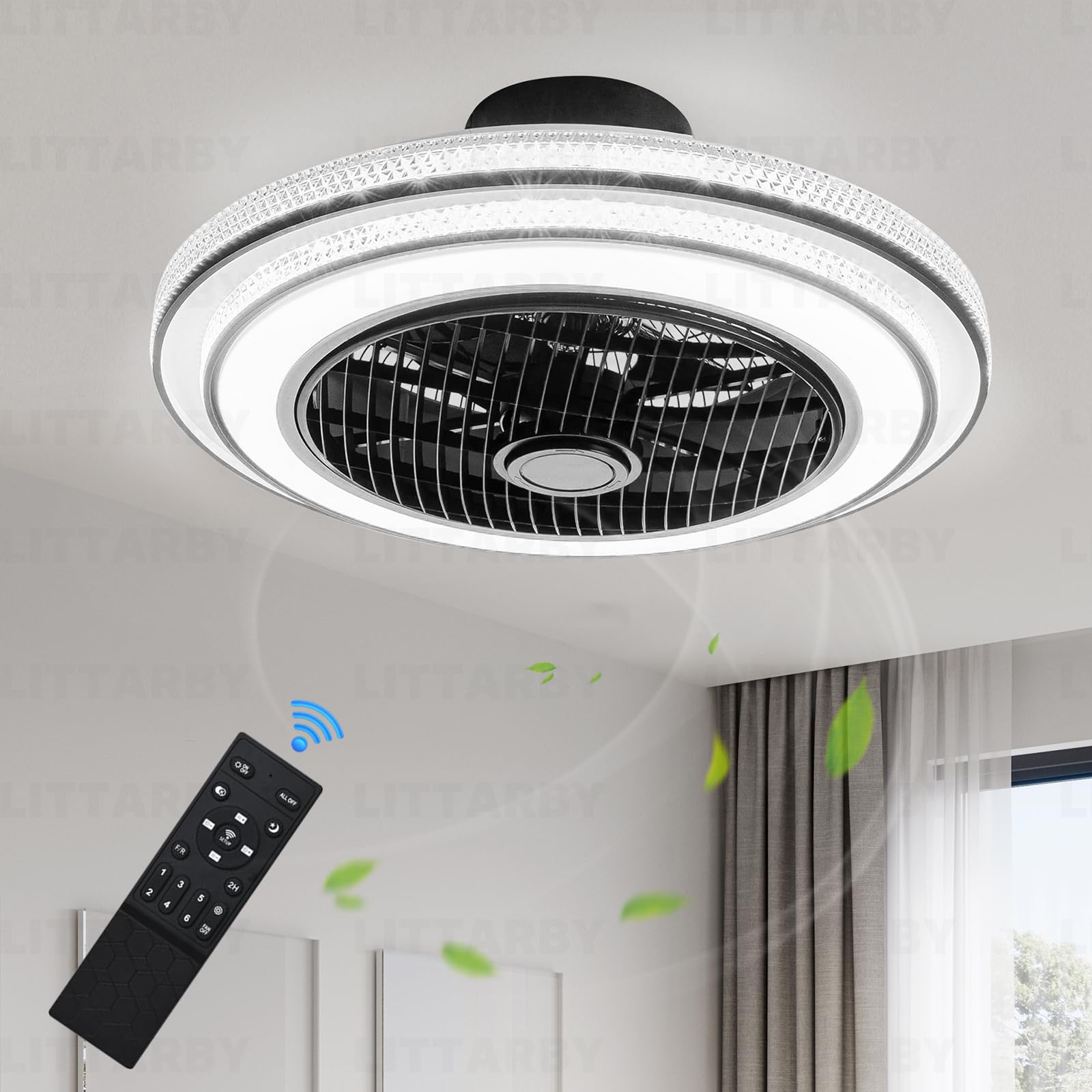 Photo 1 of 22 Inch Enclosed Bladeless Ceiling Fans with Lights and Remote, Dimmable LED Brightness DC Motor Morden Low Profile Flush Mount Ceiling Fan with Light for Bedroom, Kitchen, Living/Dining Room