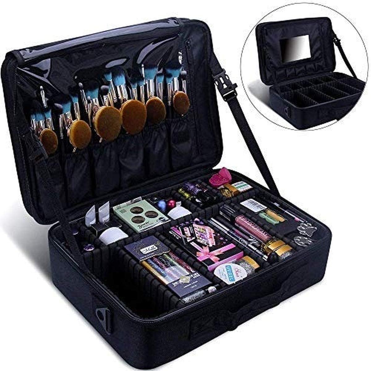 3 Layer Makeup Case Organizer, Large Size Professional Cosmetic Organizer, Travel Makeup Bag with Mirror and Adjustable Shoulder, 40 * 29 * 14cm
