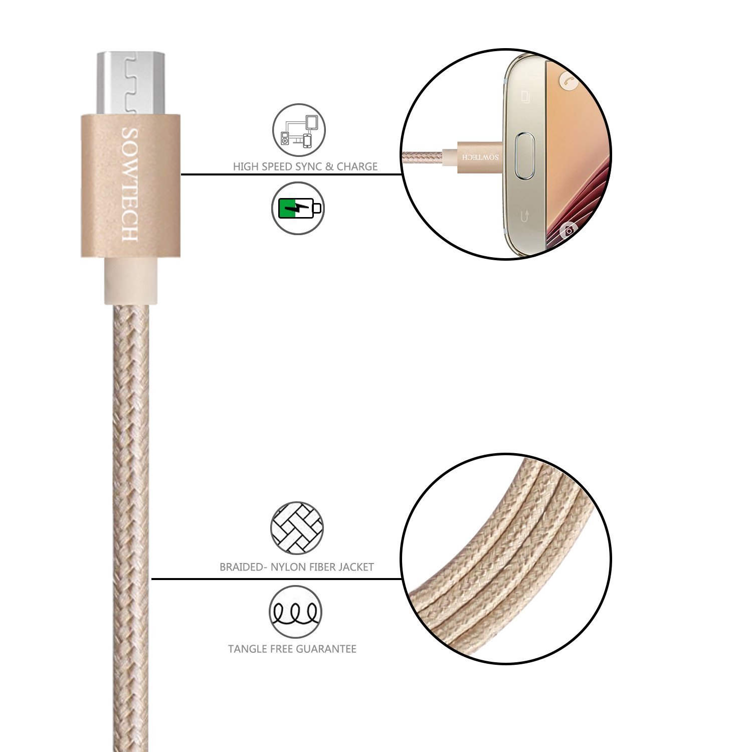 Micro USB Cable SOWTECH 5-Pack 1ft/2x3ft/2x6ft Durable Nylon Braided Interconnects USB 2.0 A Male to Micro B Sync and Charging Cords for Android Phones and Tablets - Gold