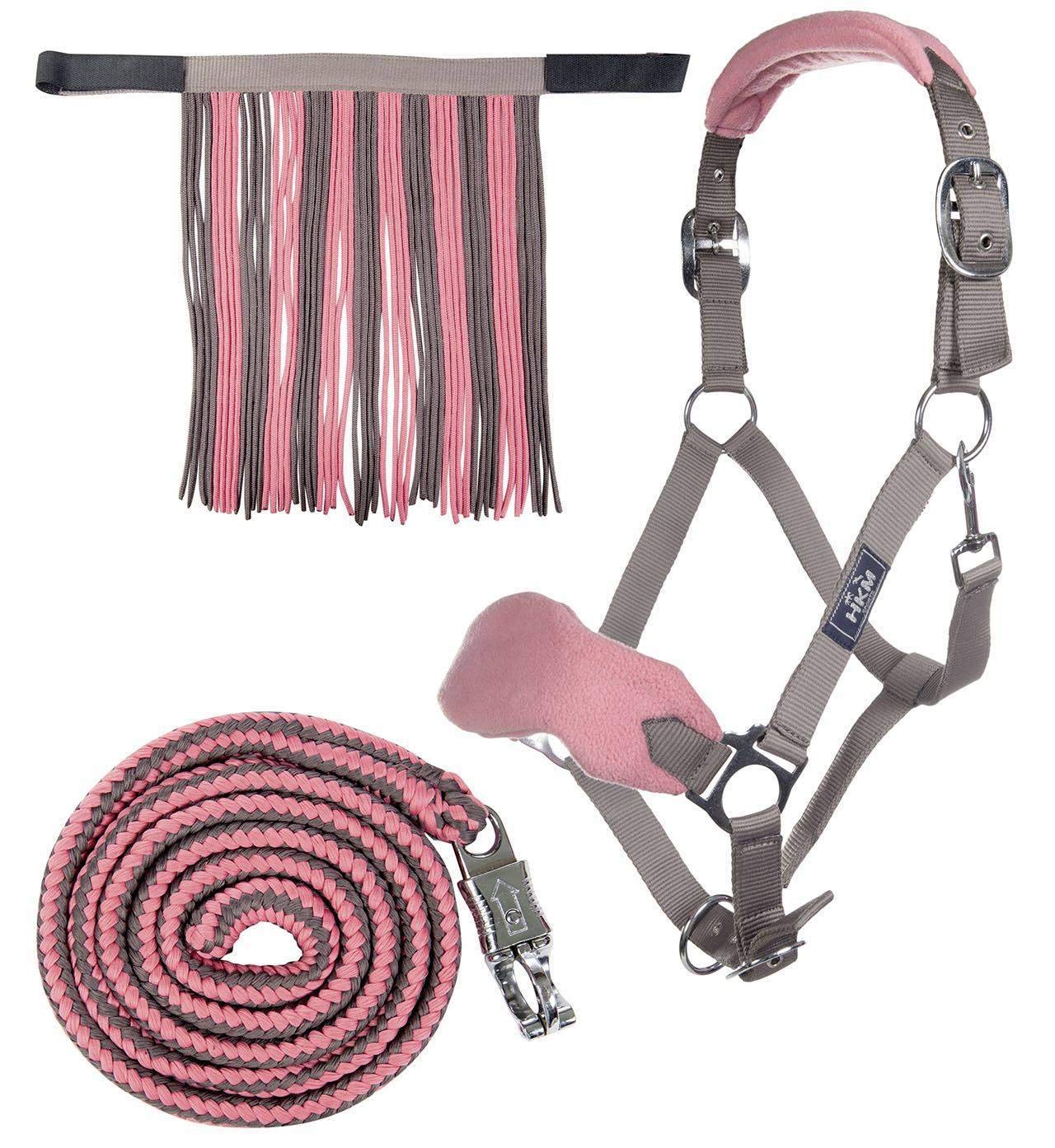 HKM Head collar set with panic hook & fly fringe Mokka/Milky Pink Pony