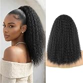 UAmy Hair Kinky Straight Drawstring Ponytail Extension for Black Women 16inch Nautral Black Wavy Yaki Straight Ponytail Synthetic Fake Pony Tail for Daily Use(1B)
