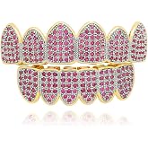 18K Gold Plated Clown Grillz Set Pink and Silvery CZ Bling Cubic Zirconia Top &amp; Bottom Teeth Hip Hop Grills