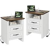 Amada Farmhouse Nightstand with Charging Station, Set of 2, Bedside Table with 2 Drawers, USB A Port, USB C Port& 2 AC Outlets, Rustic Farmhouse End Table for Bedroom, Brown & White