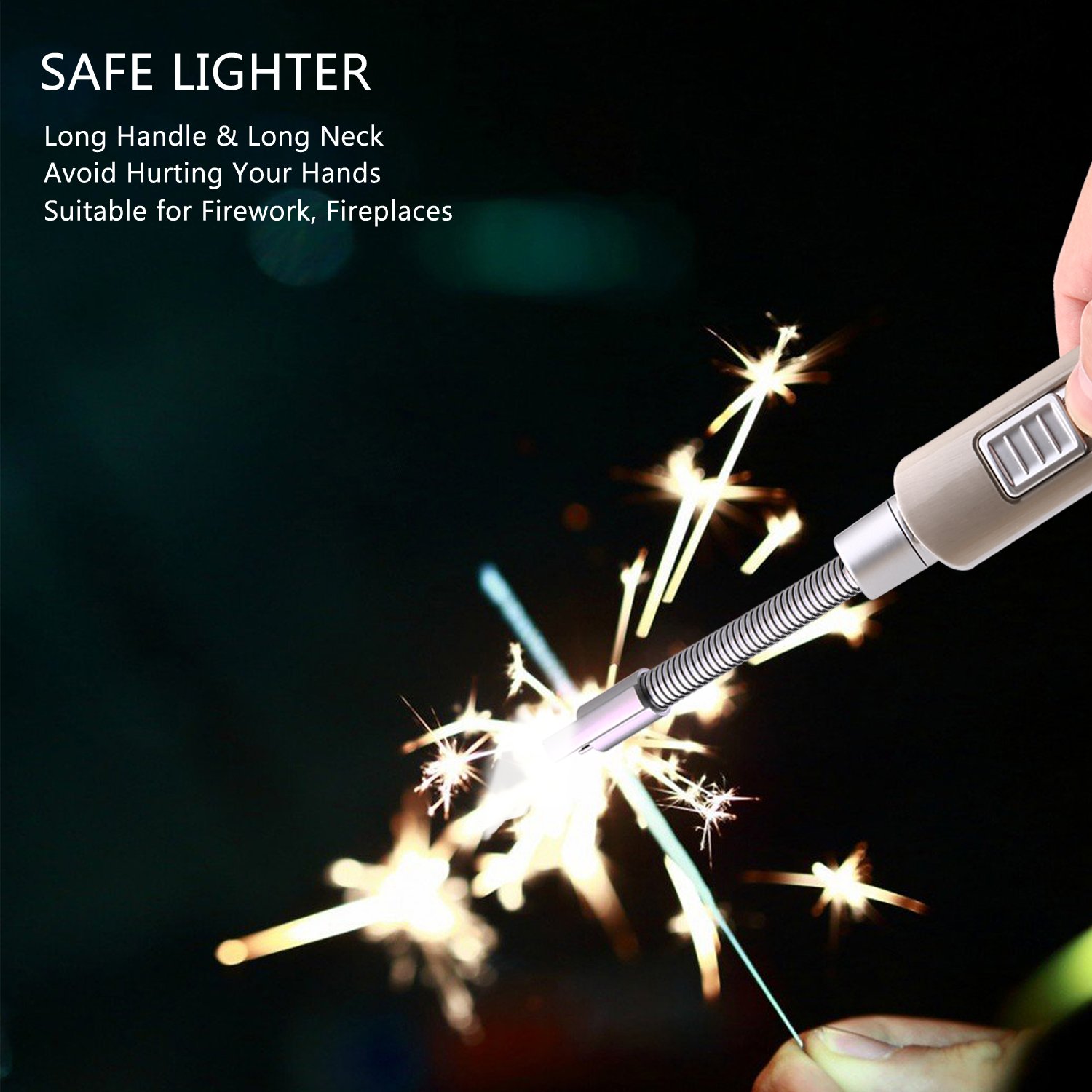 Cookan Electric Arc Lighter, USB Rechargeable No Spark Windproof Electronic Lighters for Candle BBQ, with Safety Switch, Long Neck 360° Flexible Rotation, Over 300 Times Spark per Charge (Metal Shell)