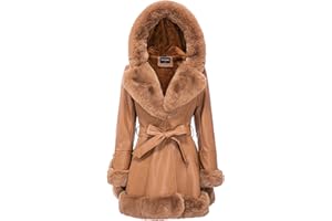 GRAN ORIENTE Women's Faux Leather Jacket with Faux Fur Collar, Winter Long Sleeve Furry Trim Peplum Parka Coat with Belt