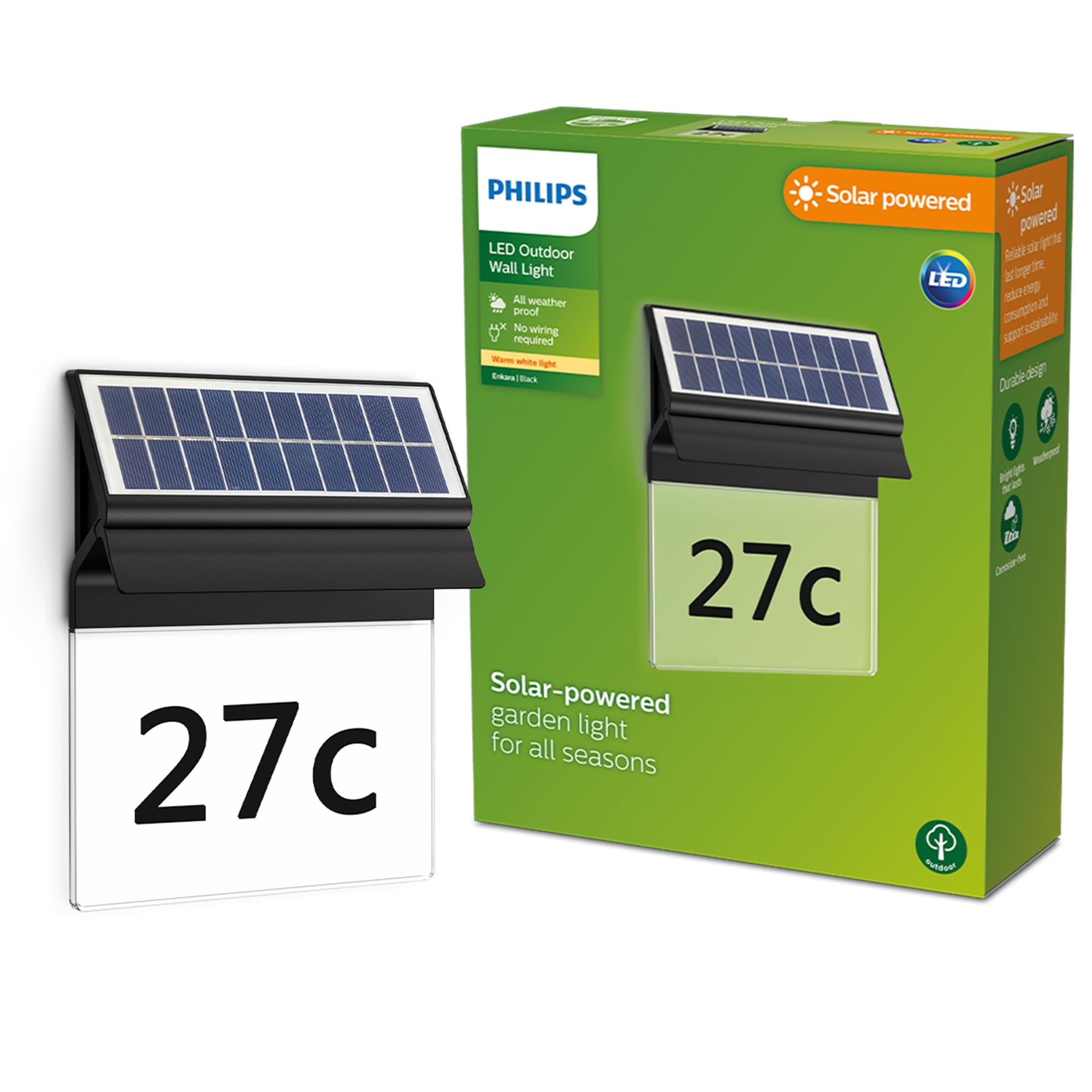 Philips Lighting Shroud Outdoor Solar wall Light, 2.3W, 2700K, Black, Frosted Glass, Motion Sensor, IP44 Weatherproof