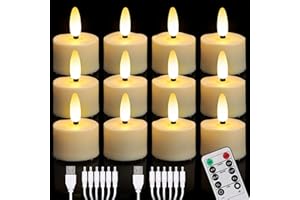 Daord USB Rechargeable 3D Wicks Tealights Candle Flameless Flickering Battery Operated with Remote Control & Timer Realistic Led Tea Lights for Halloween Christmas Home Decor (12 PCS,Rechargeable)