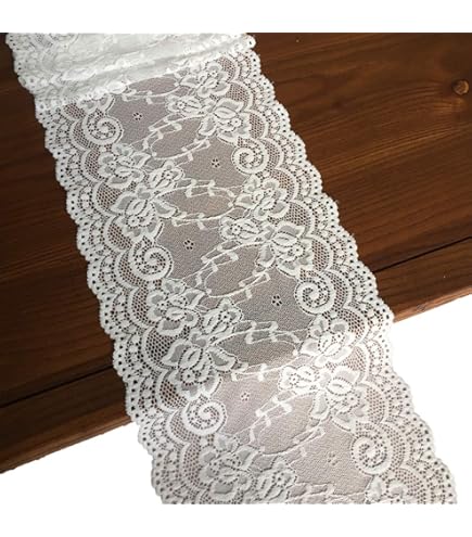 Stretch Lace Ribbon - 7 Inch Wide Flower Pattern Lace Trim Fabric (5 Yards, White)