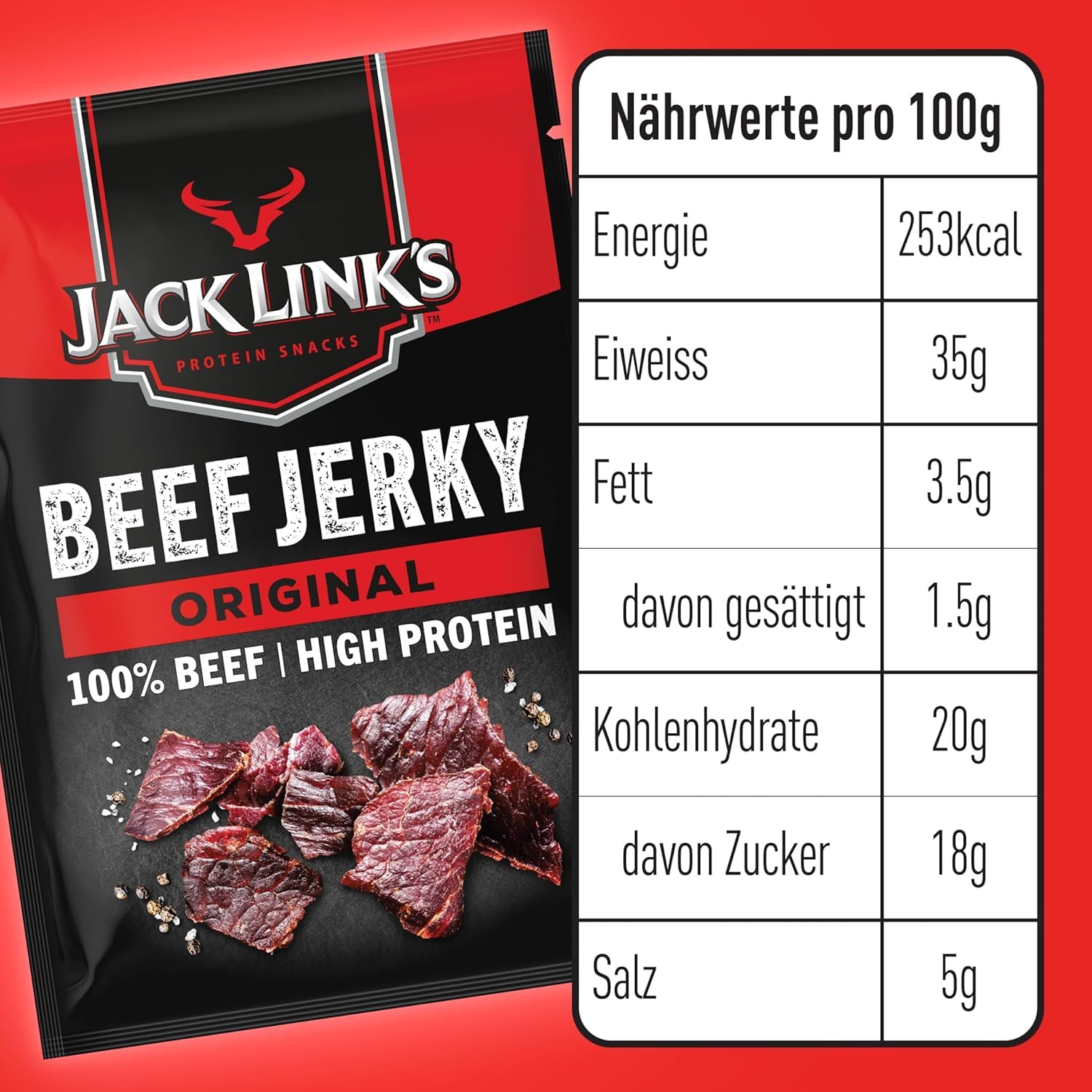 Jack Links Beef Jerky Original – 12er Pack (12 x 40g) – Trockenfleisch Eiweiß Snacks - High Protein Snack für Gym, Fitness, Outdoor - American Food für Menschen - Dörrfleisch Chips aus Rind Fleisch 2