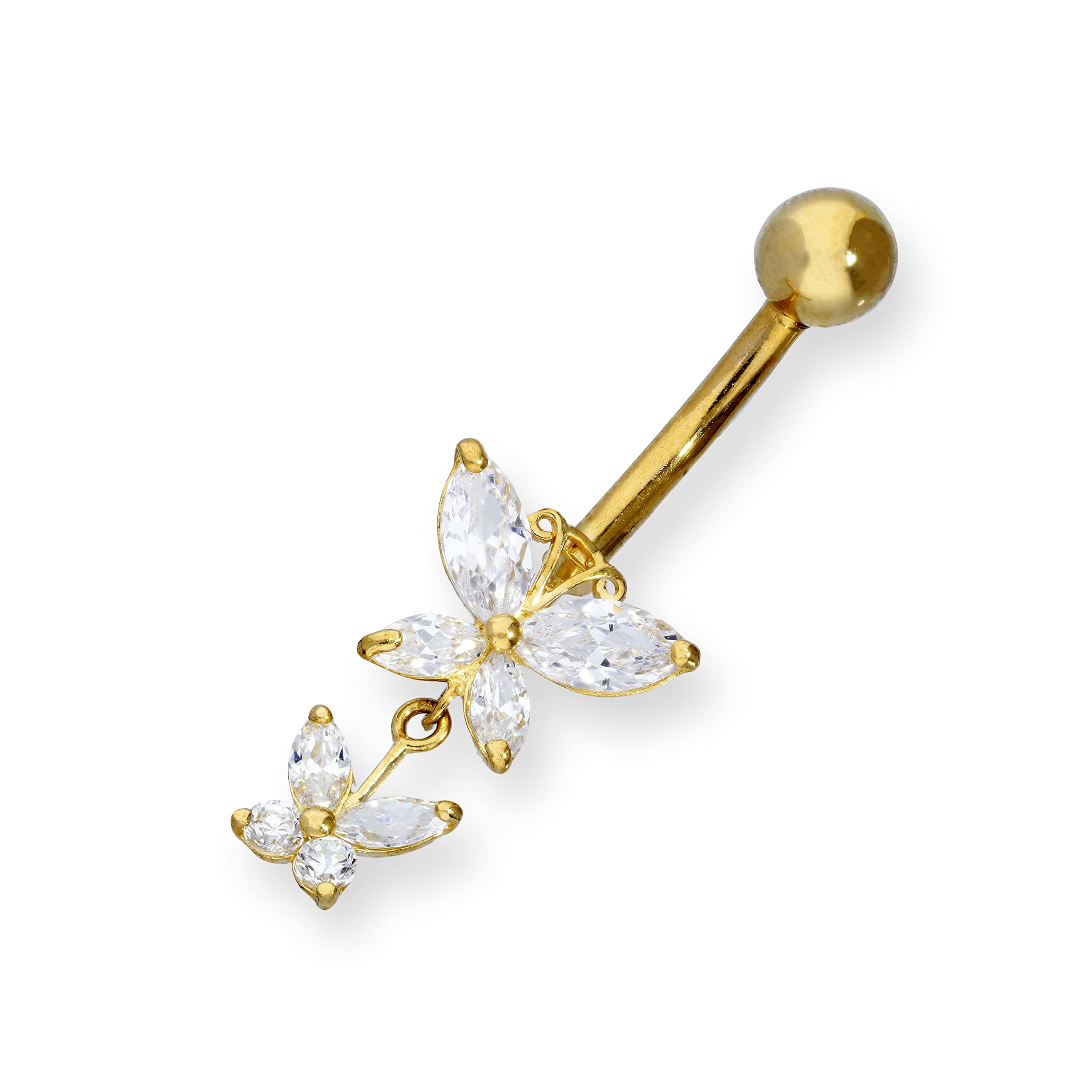 jewellerybox 9ct Gold & Double Hanging Clear CZ Crystal Butterfly Ball End Belly Bar