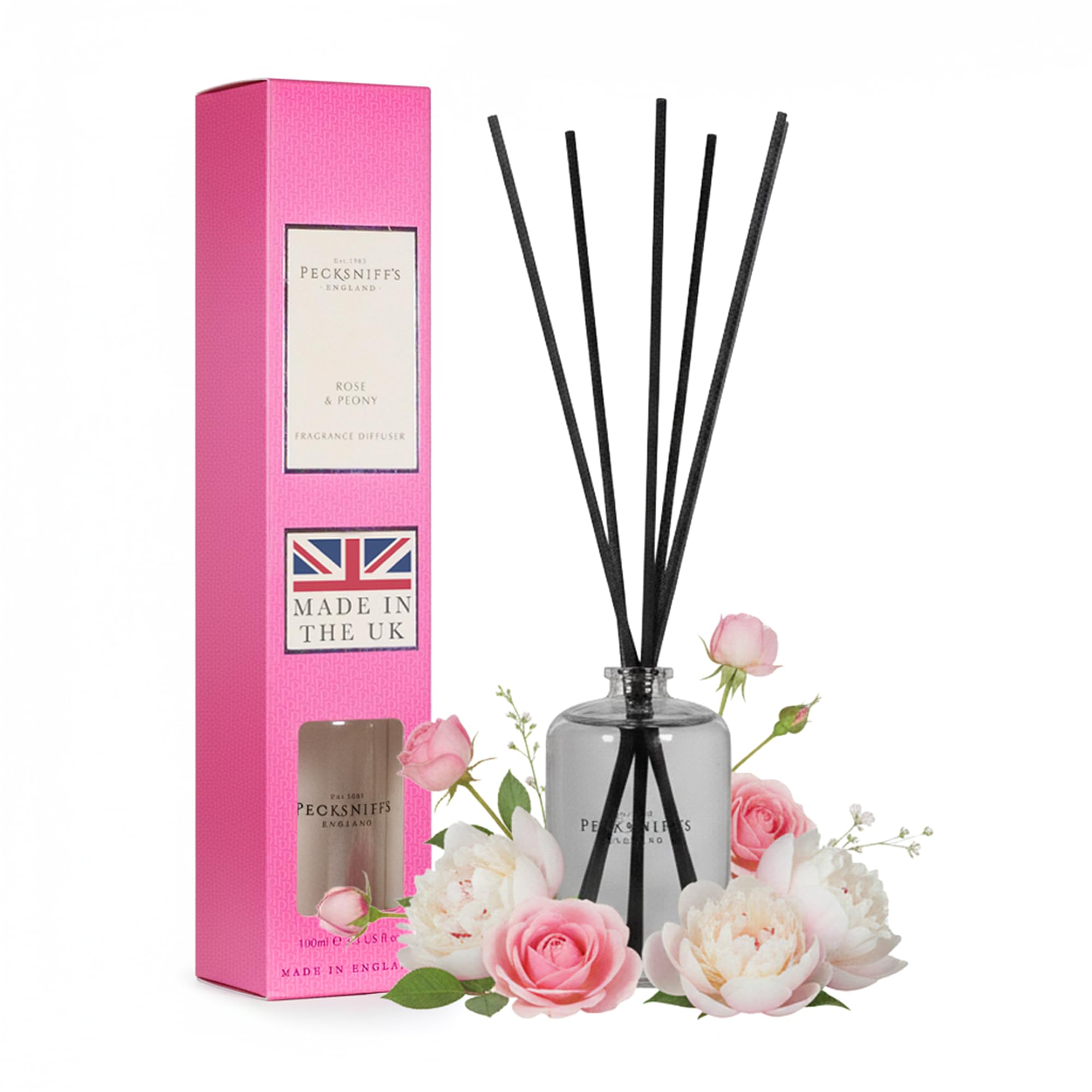 Reed Diffusers for Home - Natural Room Fresheners for Home Fragrance, Handcrafted in England, Fresh and Revitalising Aromatherapy, Long Lasting, Cruelty Free (Rose & Peony) - Pecksniff’s