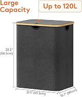 Lifewit 120L Laundry Basket with Lid Dark Grey Bamboo Handles 2 Removable Bags view 4