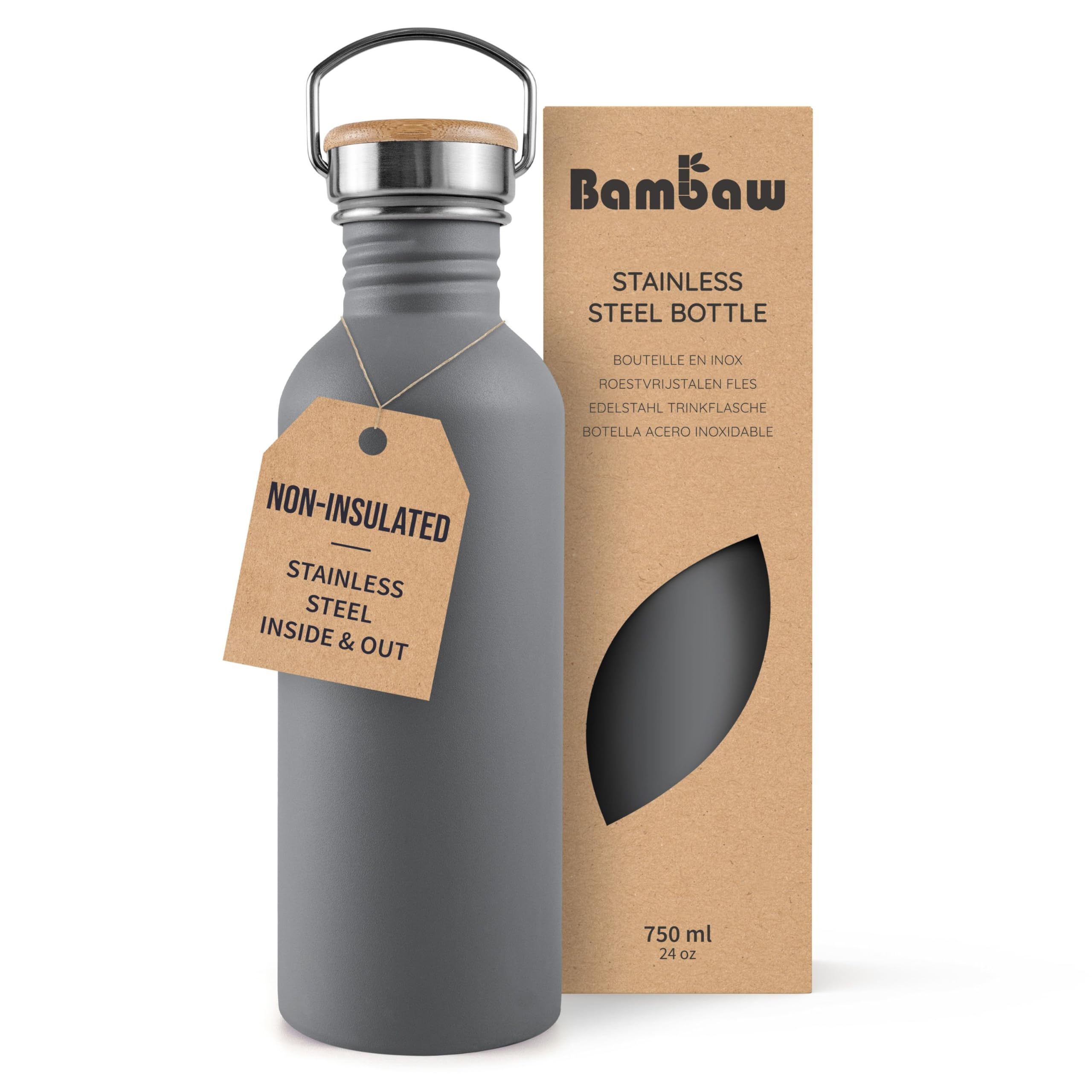 Bambaw Stainless Steel Water Bottle, 750 ml, Grey Sports, Non-Insulated, Reusable, BPA-Free Flask – Charcoal Grey