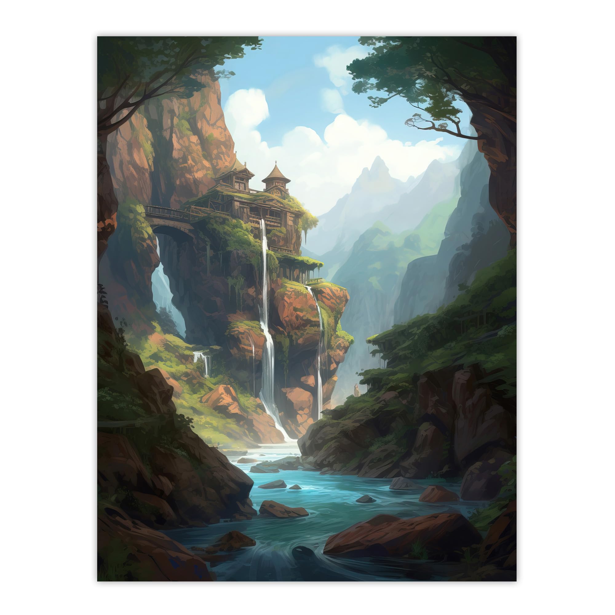 Artery8 Fortress on a Waterfall Cliff Concept Art Painting Fantasy Kingdom Entrance in Enchanted Forest Extra Large XL Wall Art Poster Print