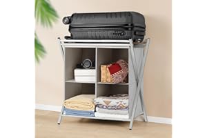 BTY Luggage Rack Folding Luggage Rack with Storage Shelf Metal Suitcase Stand for Guest Room Heavy Duty Luggage Holder for Be