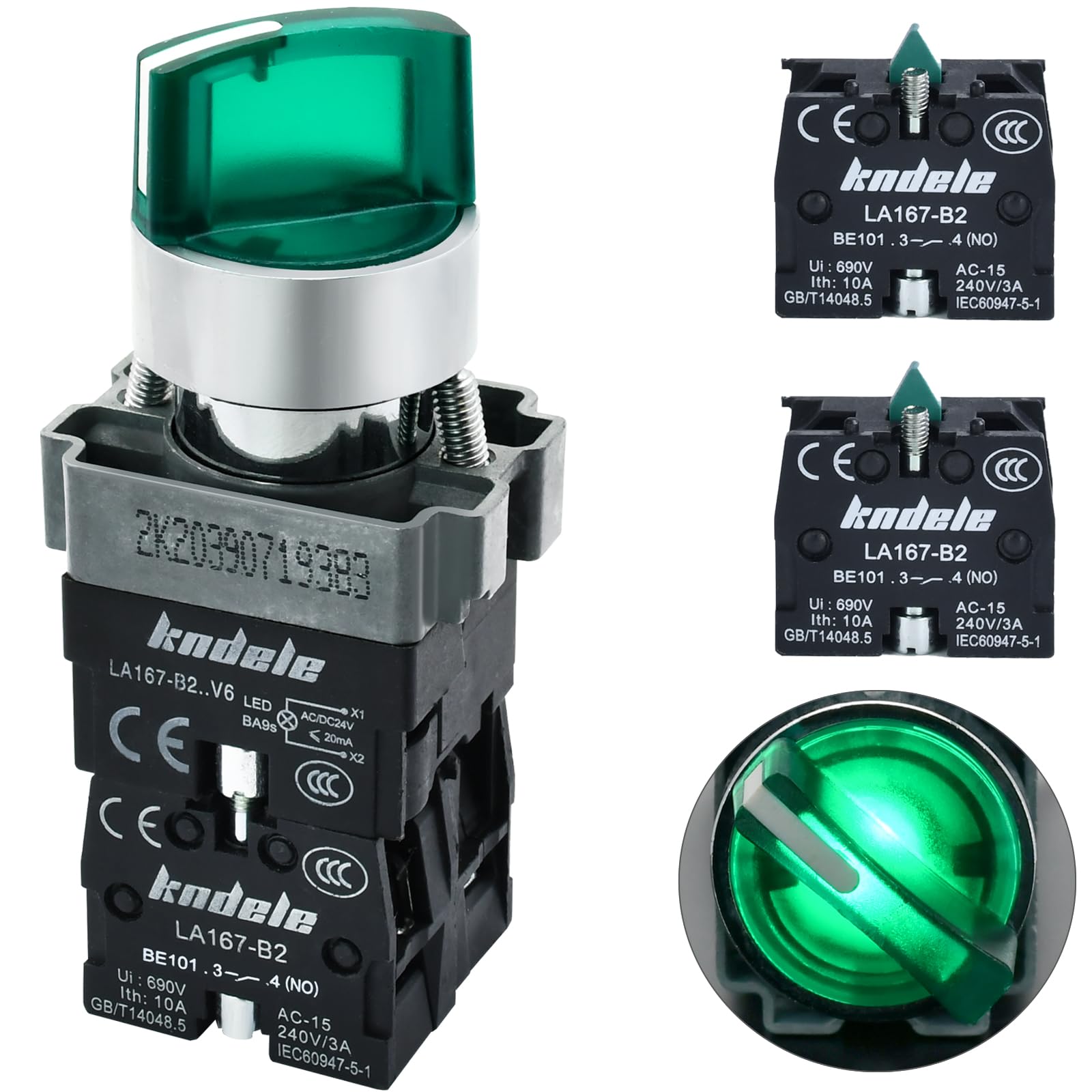 Photo 1 of 10Amp 3 Position Rotary Switch with Green Light 22mm 7/8in Mounting Hole Selector Switch Maintained DPDT 2NO 2NC Latching Switch 600V AC