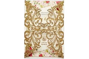 GENERIC 25PCS Gold Glitter Laser Cut Wedding Invitations Cards with Envelopes,Blank Inner Sheets,Ribbons for Wedding Bridal Shower Quinceañera Engagement Birthday Invites