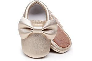 HONGTEYA Baby Moccasins with Rubber Sole&Soft Sole - Flower Print PU Leather Tassel Bow Girls Ballet Dress Shoes for Toddler