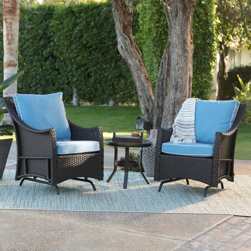 Blue Modern All Weather Wicker Glider Chairs with Side Table | Stylish Furniture Set for Your Home Outdoors by the BBQ Grill, Gazebo, Garden, Firepit , Porch or Pool