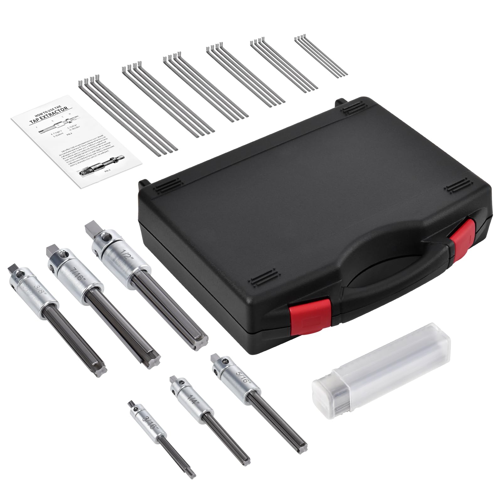Photo 1 of 18001 Tap Extractor Set Compatible with Walton Tools 6 Piece (3/16"-1/2") 4 Flute, Broken Thread Tap Manual Remover with 24 Spare Fingers and Toolbox