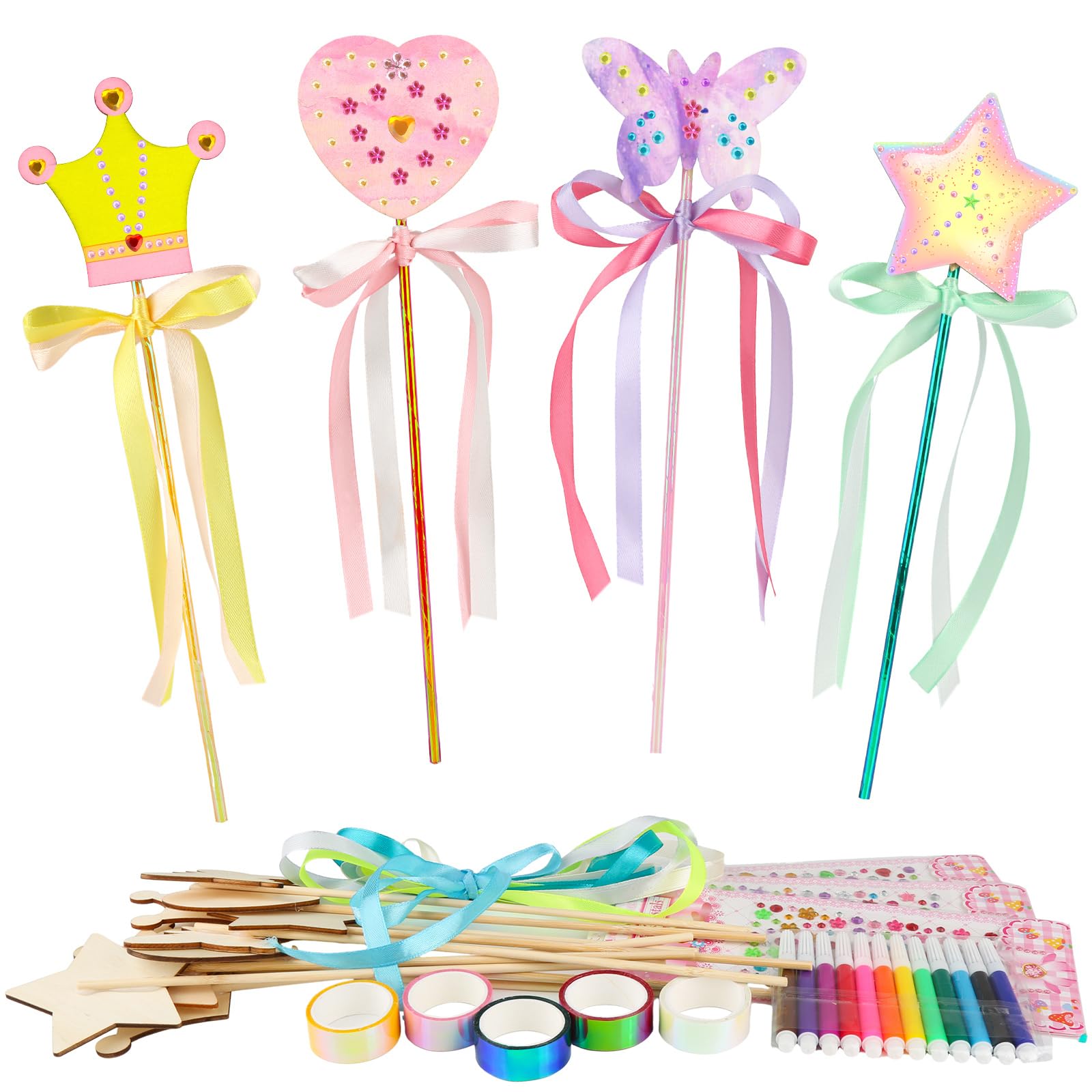 ZEFAN 14Pcs Princess Fairy Wands Kit, Wooden Craft Kits for Kids, Make Your Own Magic Wand for Kids, DIY Art and Craft Accessories for Kids Girls