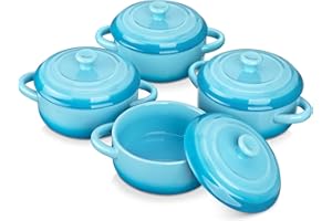 LOVECASA Mini Cocotte Set,12 OZ Small Casserole Dishes with Lids,Cocotte with Lid,Soup Bowls With Handles,Individual Ramekins with Lids,Oven, Microwave & Dishwasher Safe,Set of 4,Blue