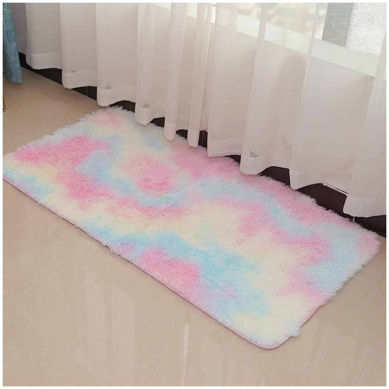 ConCus-T Rainbow Bath Mat for Girls Bedroom Shag Faux Fur Colorful Area Rug Fluffy Carpet for Kitchen Bathroom Living Room, 60x120cm