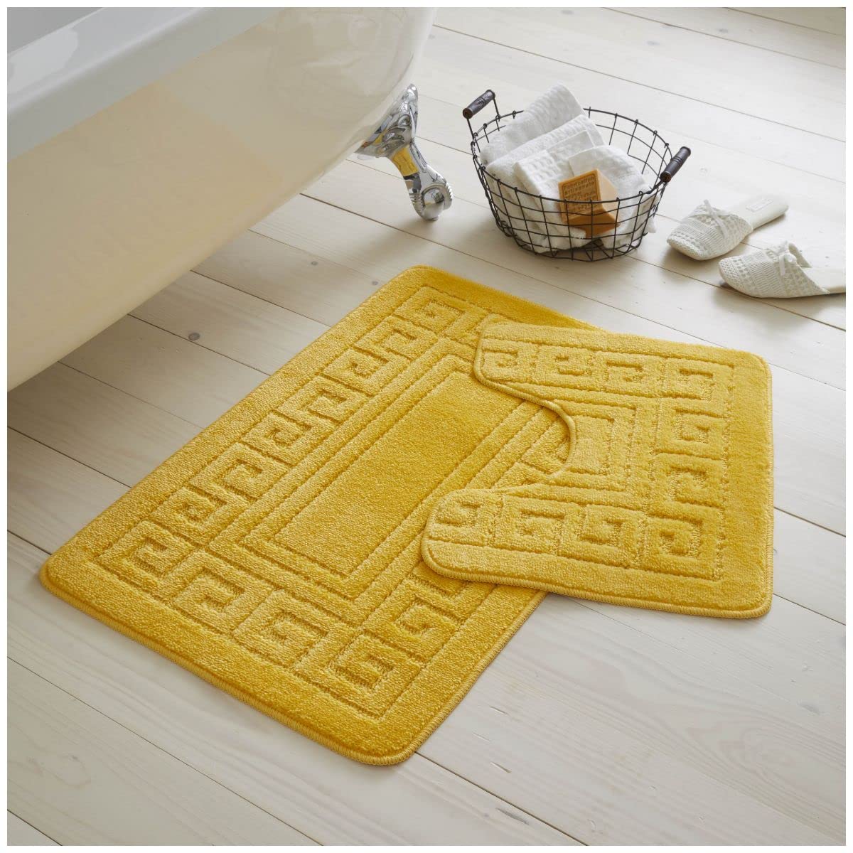 Gaveno Cavailia Ultra Plush 2 Piece Greek Bath Mat Anti Slip Pedestal Set, Extra Absorbent 100% Polypropylene Bathroom Toilet Rug, Regular (50x80, 50x40 cm), Ochre
