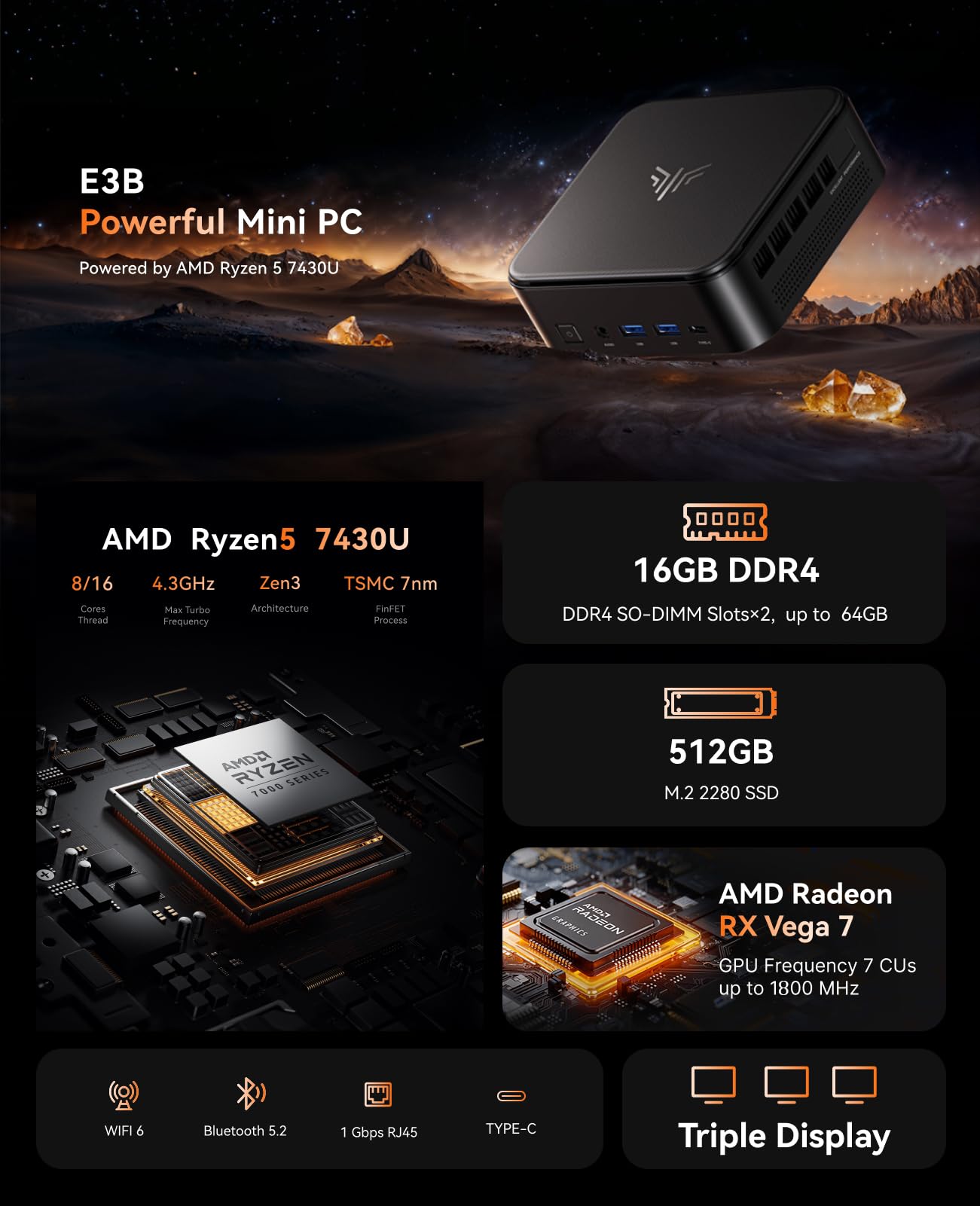 NiPoGi E3B Mini PC AMD Ryzen 5 7430U(Bis zu 4,3GHz) 16GB DDR4 512GB SSD mit Radeon RX Vega 7 Graphics Micro Desktop Computer Für Büro/Heimkino/Meeting/Business/Trip |WiFi 6|BT 5.2|USB3.2 2