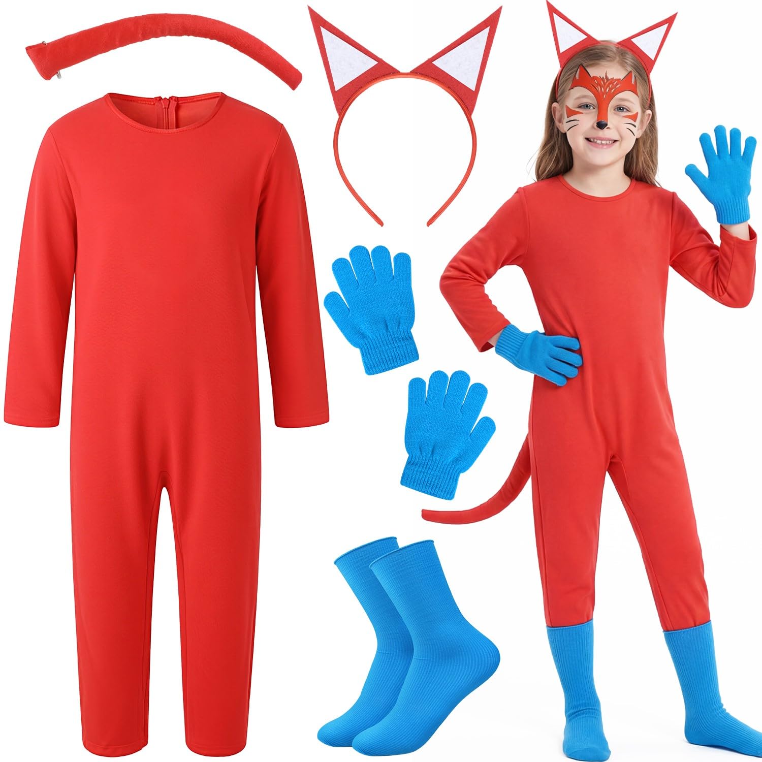 iZoeL World Book Day Costume Girls Boys Red Fox Costume Set Kids– Red Jumpsuit Tail Fox Ear Headband Blue Socks Gloves - Funny School Storybook Fox Character Outfit for WBD Book Fancy Dress