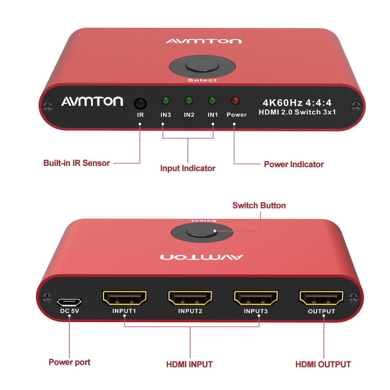 AVMTON 4K HDMI 2.0 Switch 3 Port,HDMI Switcher Splitter 3 in 1 Out,Aluminum Red HDMI Selector Box with Remote Supports 4K@60Hz Ultra HD3D 2160P 1080P for DVD,PS3/4 TV/X Box Fire Stick Blu-Ray Player: Industrial & Scientific