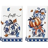 Artoid Mode Blue Pumpkin Fall Kitchen Towels Dish Towels, 18x26 Inch Farmhouse Maple Leaves Autumn Decoration Hand Towels Set of 2