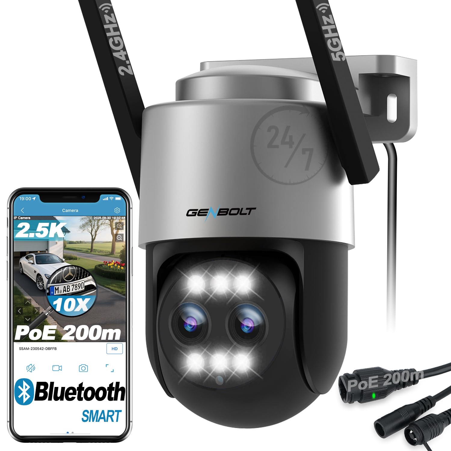 GENBOLT 2.5K PTZ WiFi Security Camera Outdoor with PoE, Dual lens CCTV Home Surveillance Camera with 10X Hybrid Zoom, IP Camera with Color Night 4MP, Auto Tracking Humanoid Detection(2.4&5GHz)