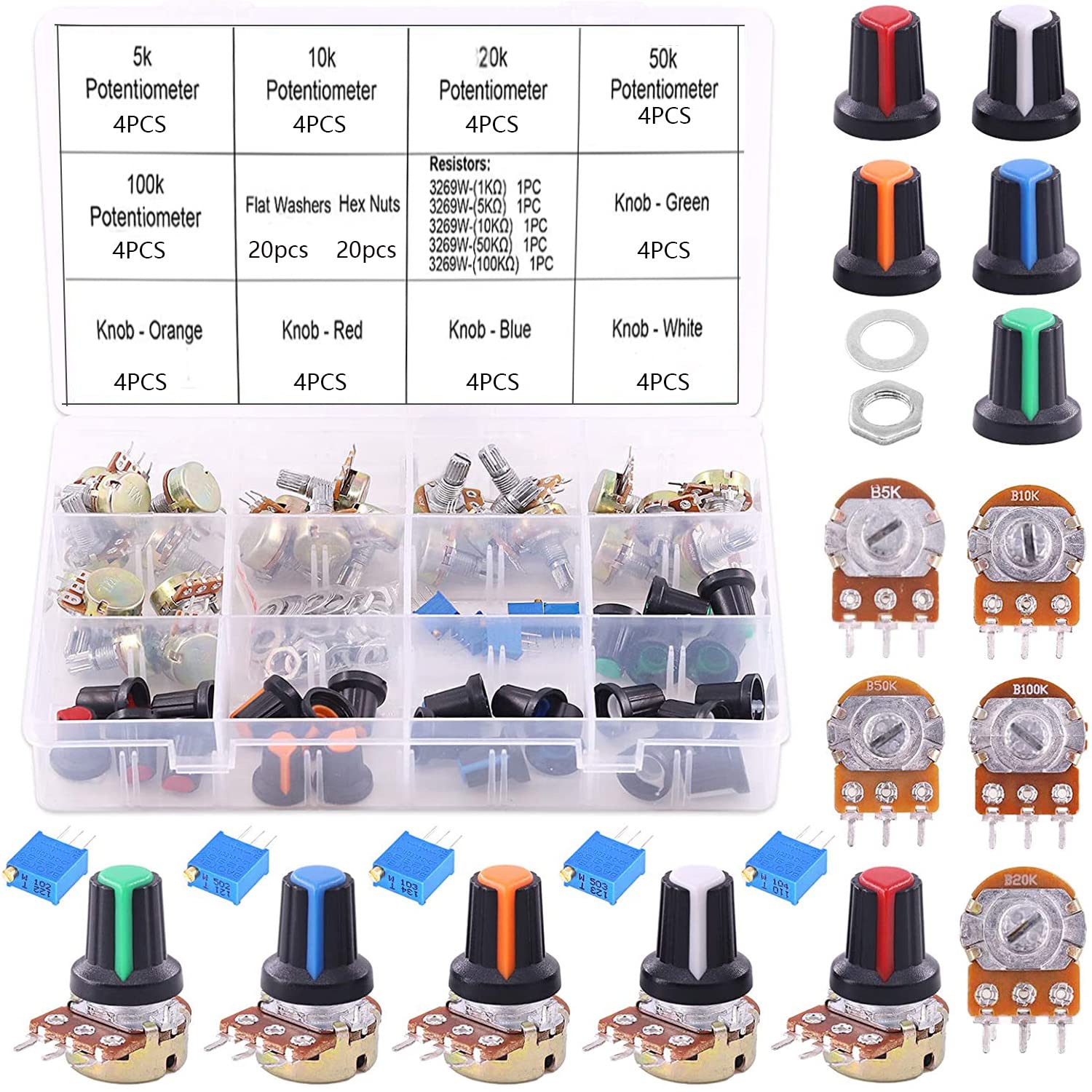 RUNCCI-YUN 25Pcs B5K B10K B20K B50K B100K Ohm Potentiometer Knob Linear Potentiometer 3 Terminal Rotary Potentiometer +5pcs 1Kohm -100Kohm Multiturn Trimmer, for Arduino Raspberry Pi — image 1