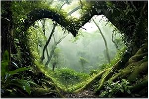 AWERT 36x18 inches Polyester Tropical Rainforest Terrarium Background Stream Green Huge Tree Reptile Habitat Background Foggy Rainforest Aquarium Background