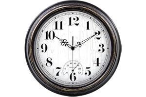 zyzamay 12 Inch Indoor Outdoor Clocks,Waterproof Wall Clock with Thermometer,Easy to Read,Non-Ticking Battery Operated Quality Quartz Clock, Decorative for Patio,Porch,Pool,Bathroom(BlackGold)