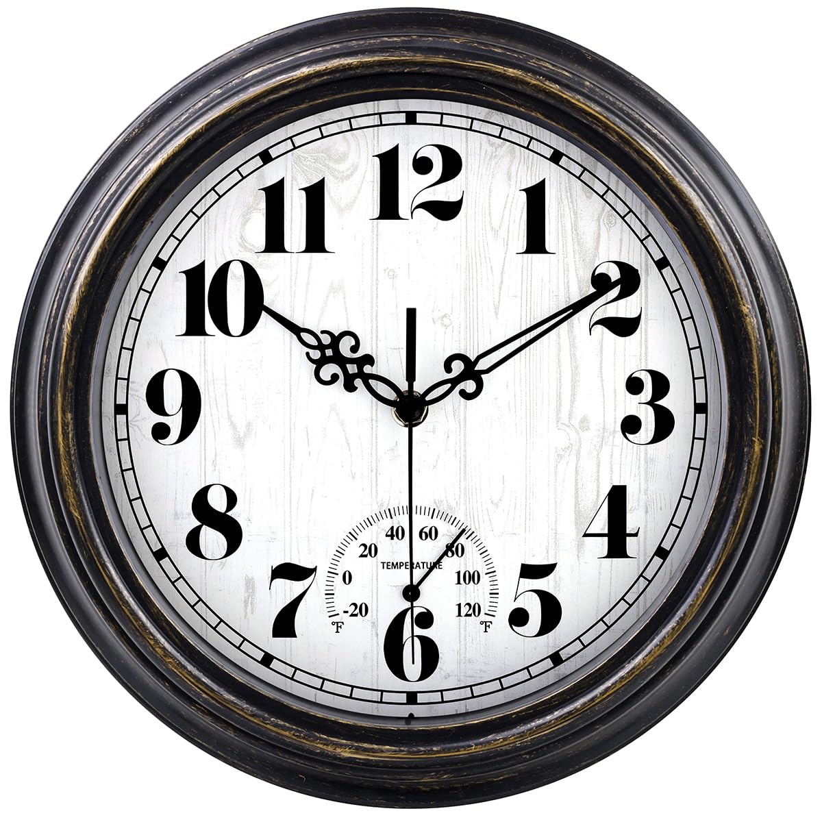 Photo 1 of zyzamay 12 Inch Indoor Outdoor Clocks,Waterproof Wall Clock with Thermometer,Easy to Read,Non-Ticking Battery Operated Quality Quartz Clock, Decorative for Patio,Porch,Pool,Bathroom(BlackGold)