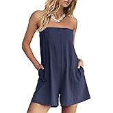 ReachMe Womens Strapless Short Rompers Off Shoulder One Piece Short Jumpsuits Summer Sleeveless Rompers with Pockets